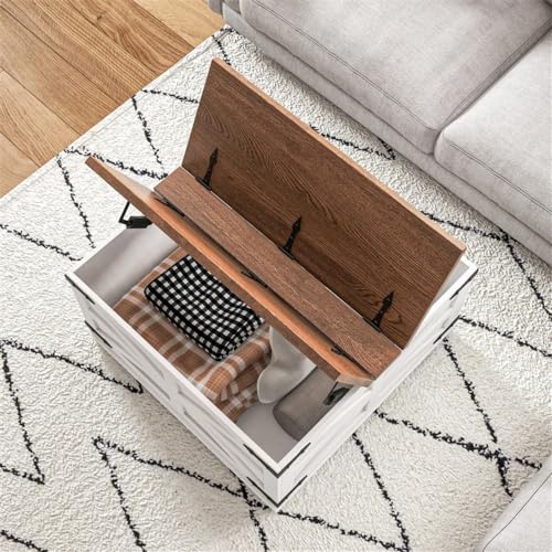 Distressed White & Brown Square Storage Coffee Table with Hinged Lift Top X4558