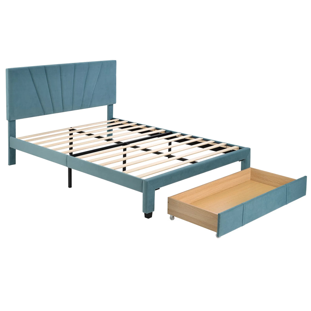 Queen Velvet Upholstered Platform Bed Frame with Drawer R43316