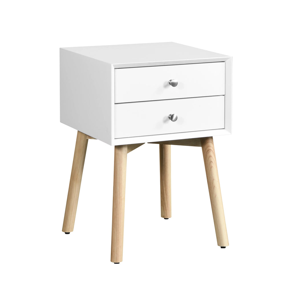 White Bedside Table with 2 Drawers and Rubber Wood Legs Y6259