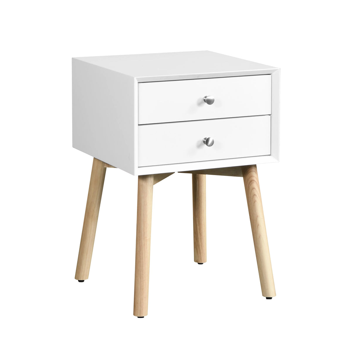 White Bedside Table with 2 Drawers and Rubber Wood Legs Y6259