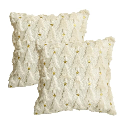 Christmas Tree Green Throw Pillow Cover Set of 2, 18 x 18 Inch Plush Faux Fur Jacquard J624