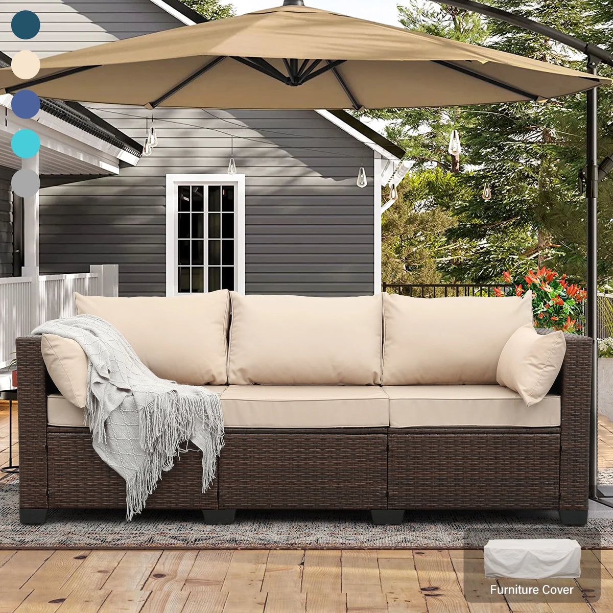 3-Seat Patio Wicker Rattan Sofa with Cushions, Gray R858