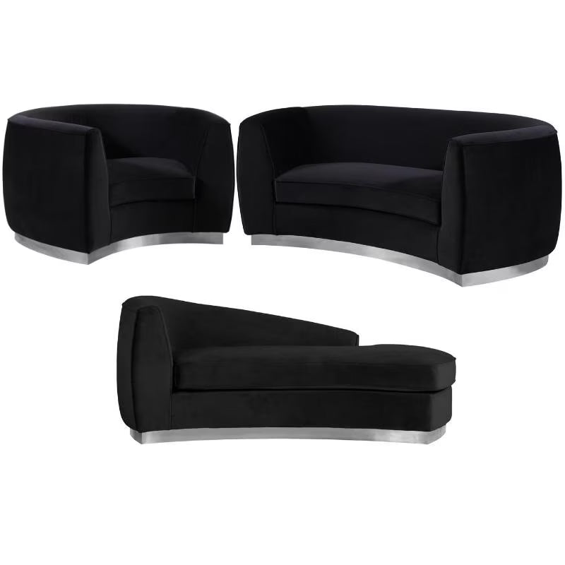 3-Piece Set with Accent Chair Chaise & Loveseat in Black and Chrome L135