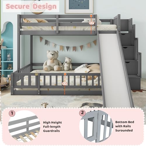 Twin Over Full Bunk Beds with Slide and Stairs, Wood Bunk Bed with Storage Staircase, Gray X991460