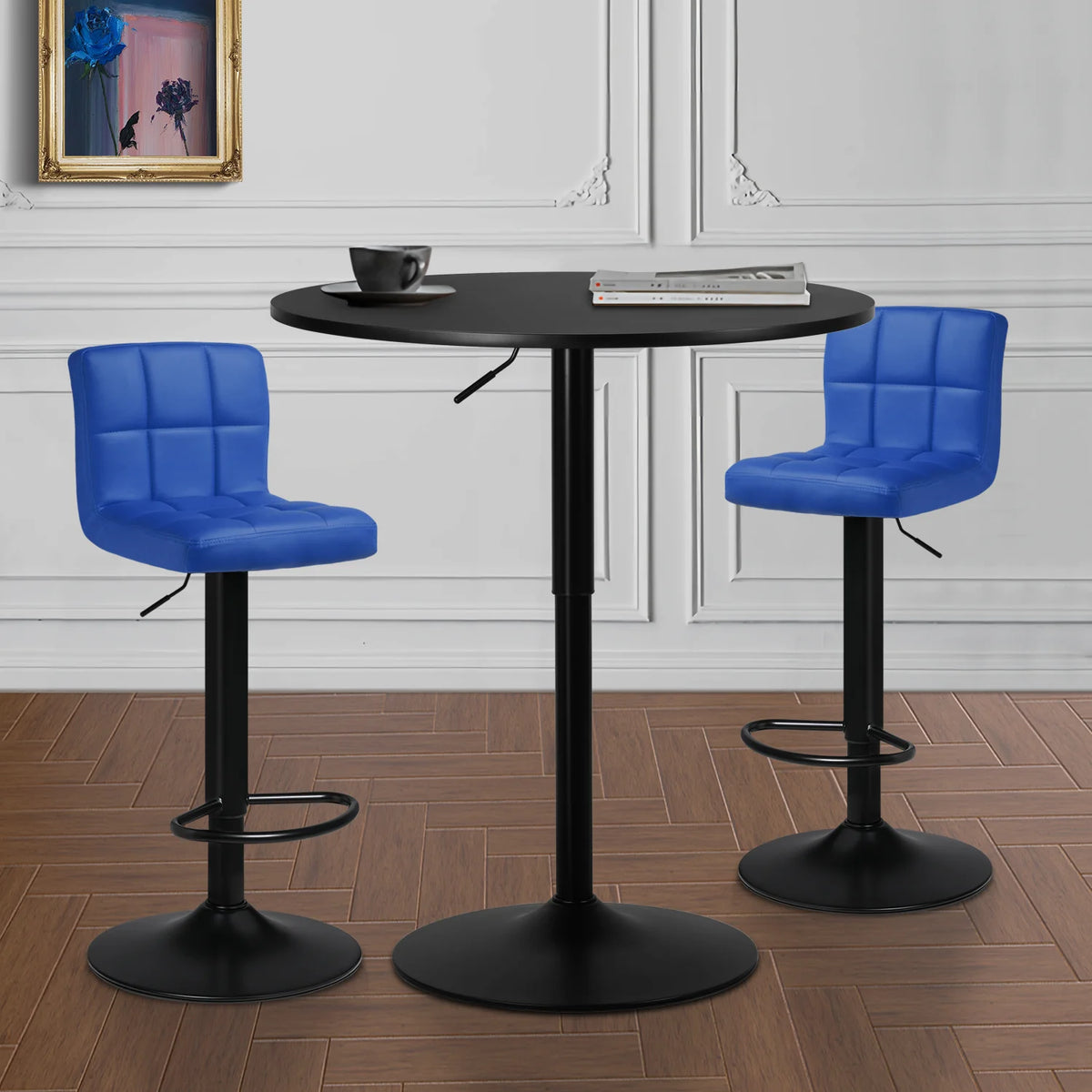 Blue/Black 3 Piece Bar Table and PU Leather Bar Stools F31714