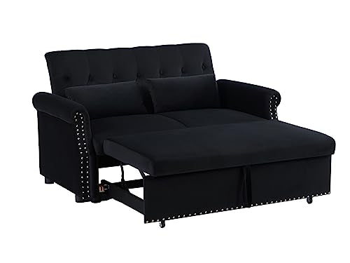 Black Velvet Convertible Sofa Bed with 2 Lumbar Pillows V914536
