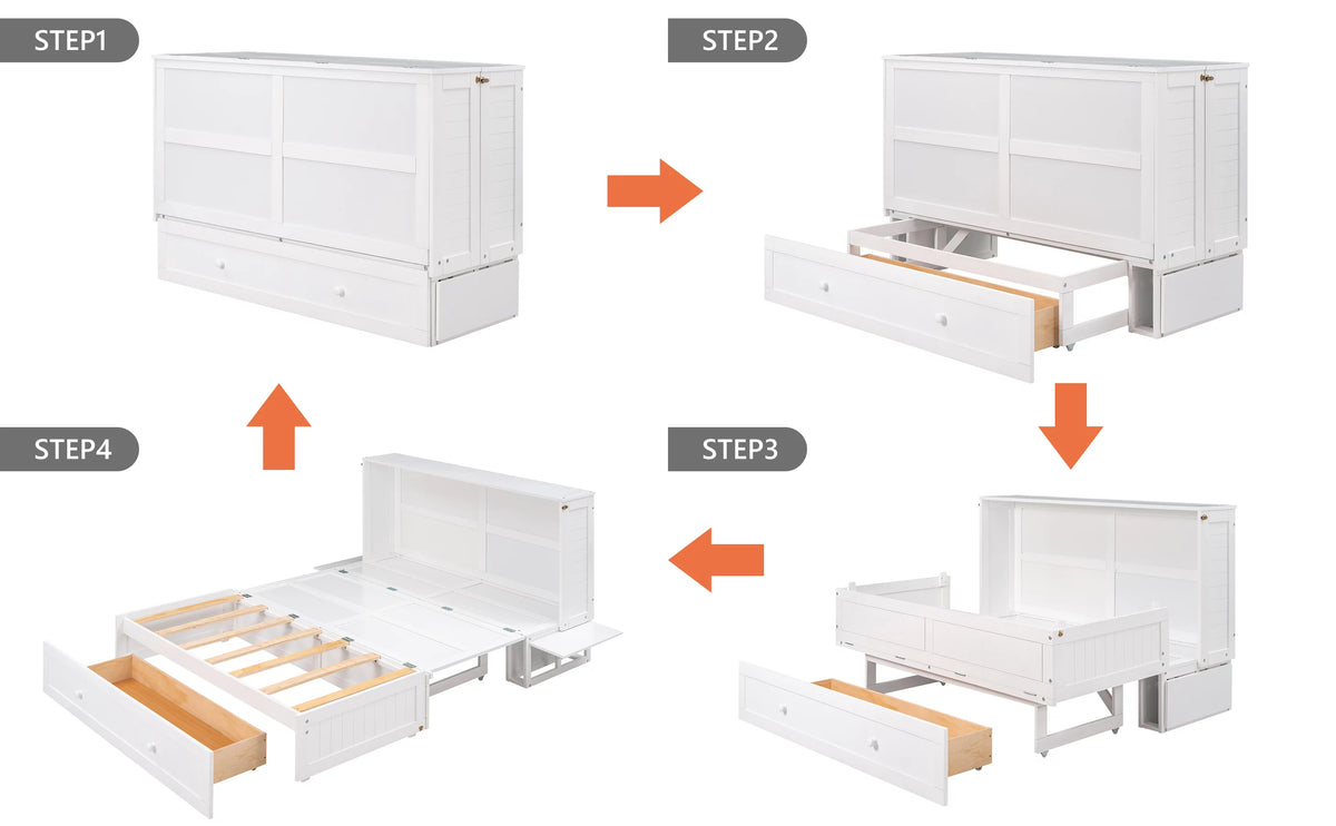 Queen Size Solid Wood Murphy Platform Bed with Drawer P6248