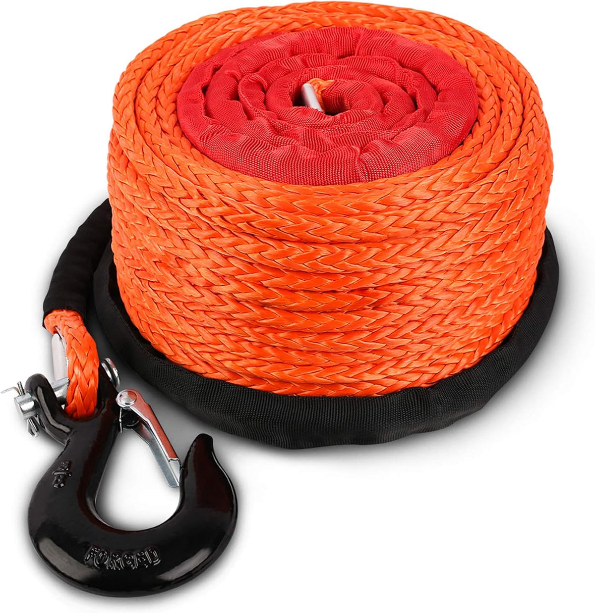 Synthetic Winch Rope with Hook and Sleeve Protection, Orange M1249