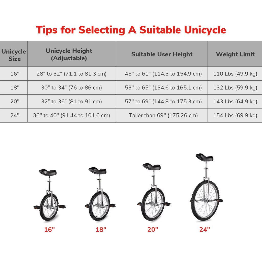24 In Wheel Outdoor Unicycle Adjustable Seat Anti-Skid Pedal Red N686553