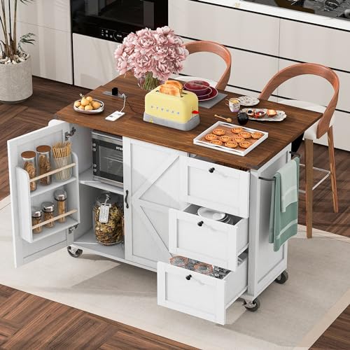54.5" Kitchen Island with Drop Leaf, Storage Cabinet, 3 Drawer A27258