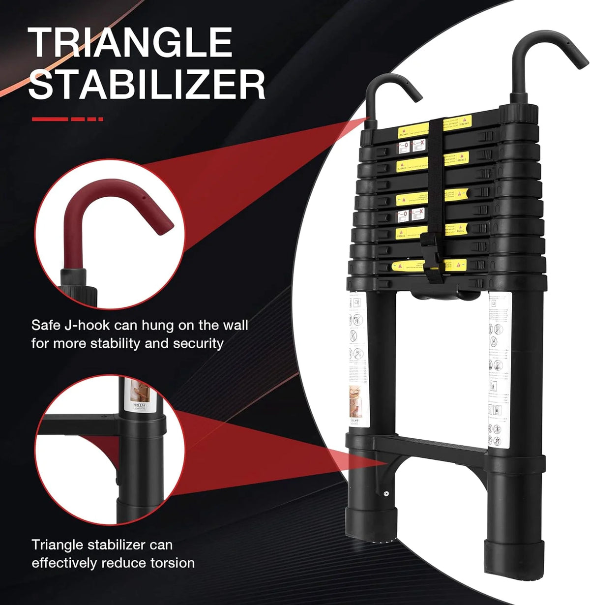 Telescoping Ladder 10.5 FT Aluminum with 2 Detachable Roof Hooks and 2 Triangle Stabilizers F617