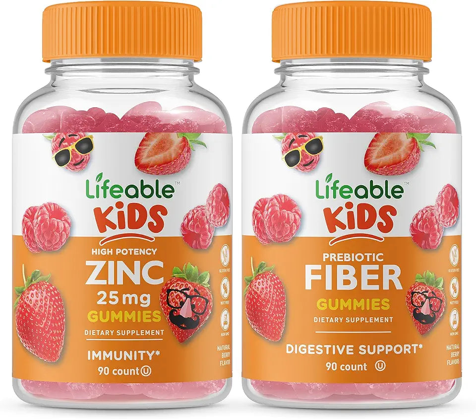 Zinc 25mg Kids Prebiotic Fiber Gummies Bundle Chewable Gluten Free GMO Free Vitamin Supplement Z532