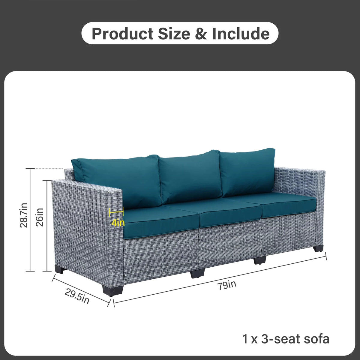 3-Seat Patio Wicker Rattan Sofa with Cushions, Gray R858