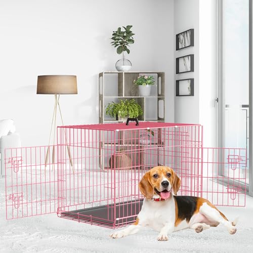 42 Inch Double Door Folding Metal Wire Dog Crate with Divider Panel and Leak-Proof Plastic Pan Y1521