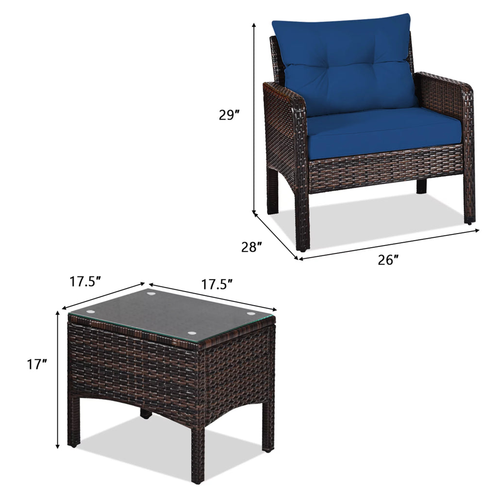 3 Pcs Rattan Patio Conversation Set with Navy Cushions F2137