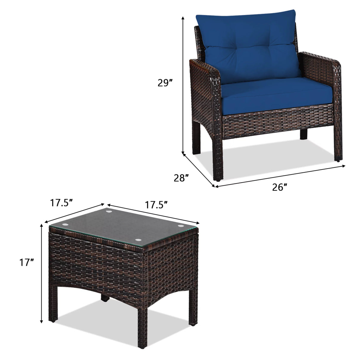 3 Pcs Rattan Patio Conversation Set with Navy Cushions F2137