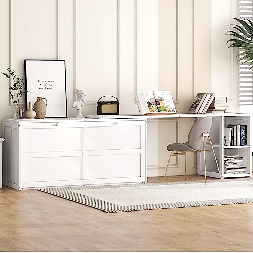 White Wood Queen Size Murphy Bed with Desk H115