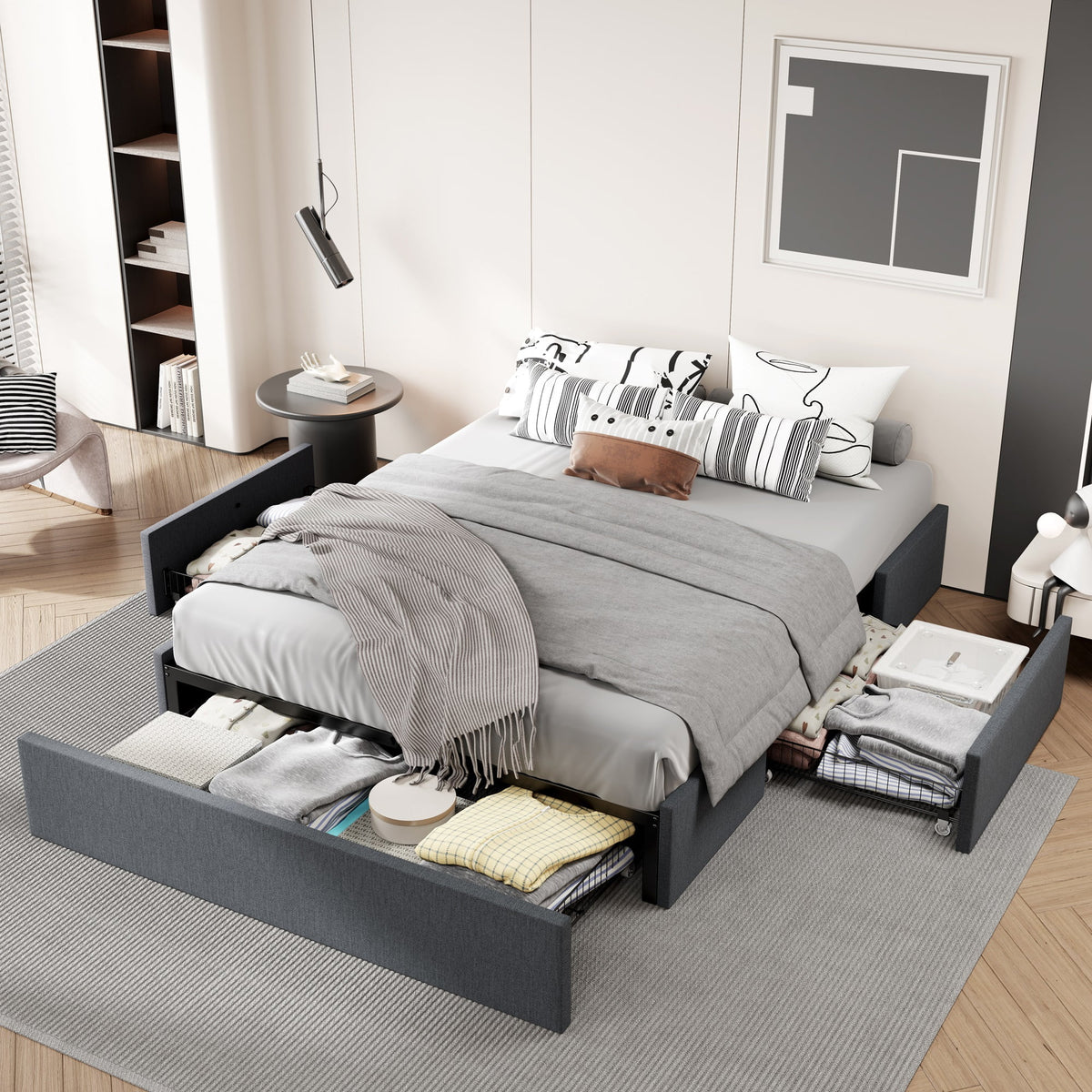 Dark Grey Queen Size Platform Bed Frame with 3 Storage Drawers T2782