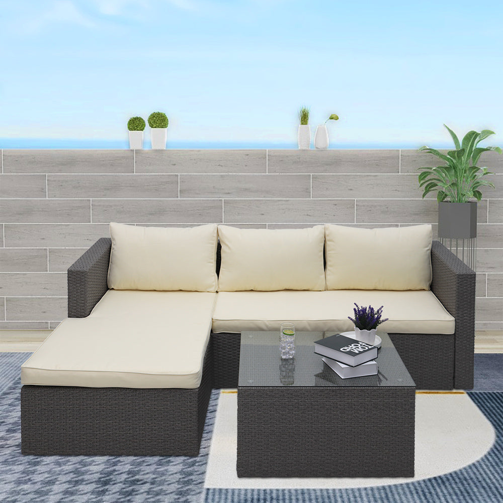 3 Piece Wicker Sectional Conversation Set with Cushions - Grey N642