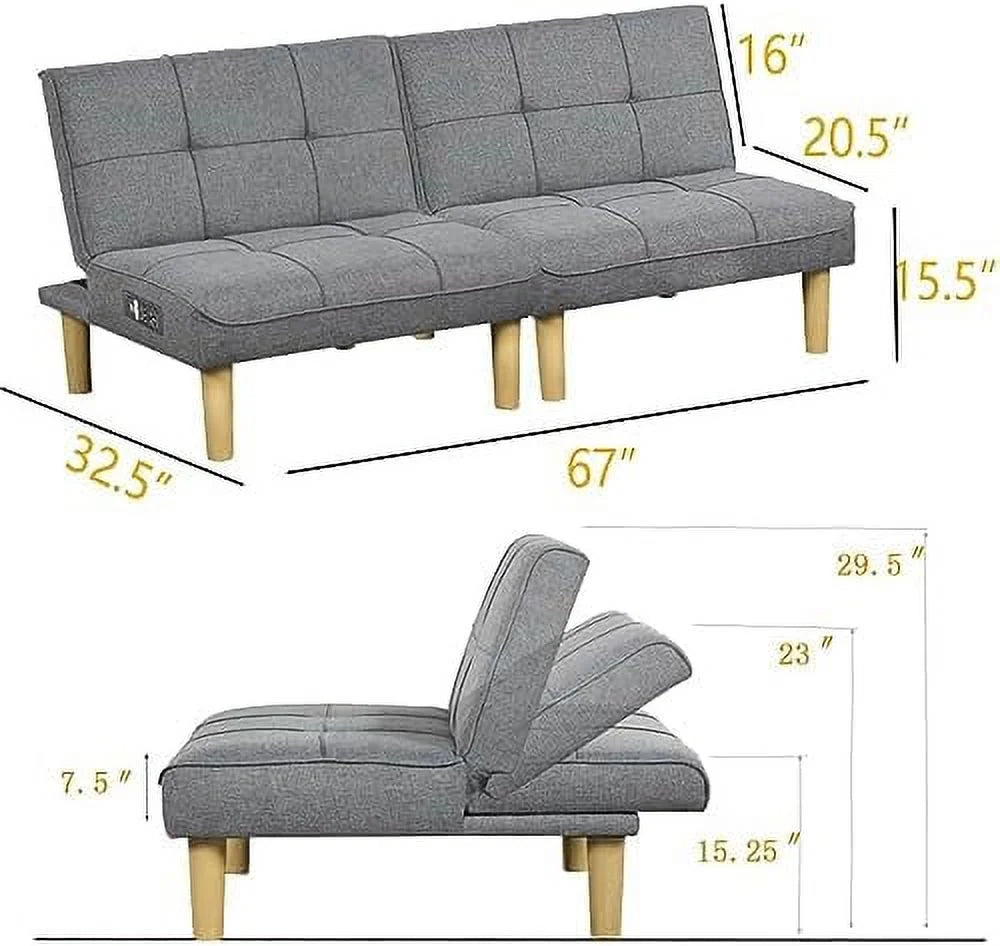 Comfy Convertible 2 Seater Futon Sofa Couch with USB Port Armless Adjustable Backrest D902