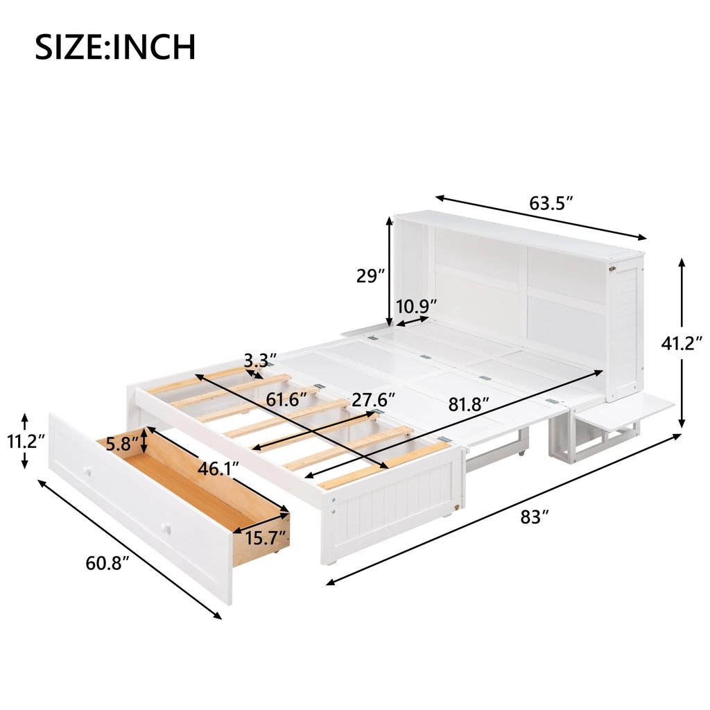 Queen Size Solid Wood Murphy Platform Bed with Drawer P6248