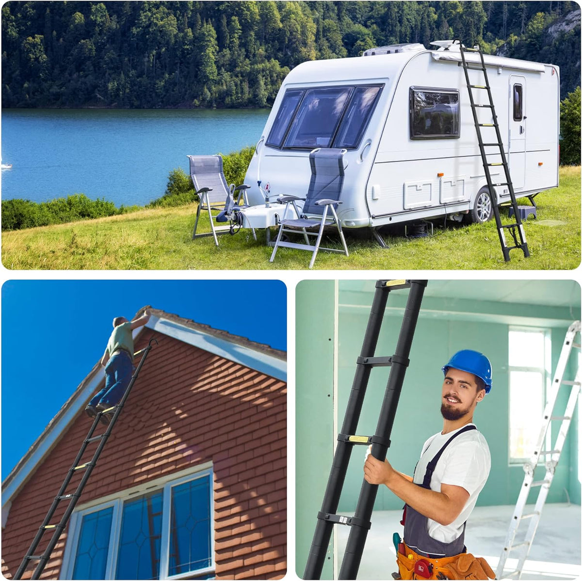 Telescoping Ladder 10.5 FT Aluminum with 2 Detachable Roof Hooks and 2 Triangle Stabilizers F617