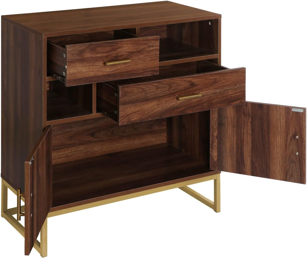 Walnut Wood 2 Doors Accent Storage Cabinet with Drawers and Shelves I40459