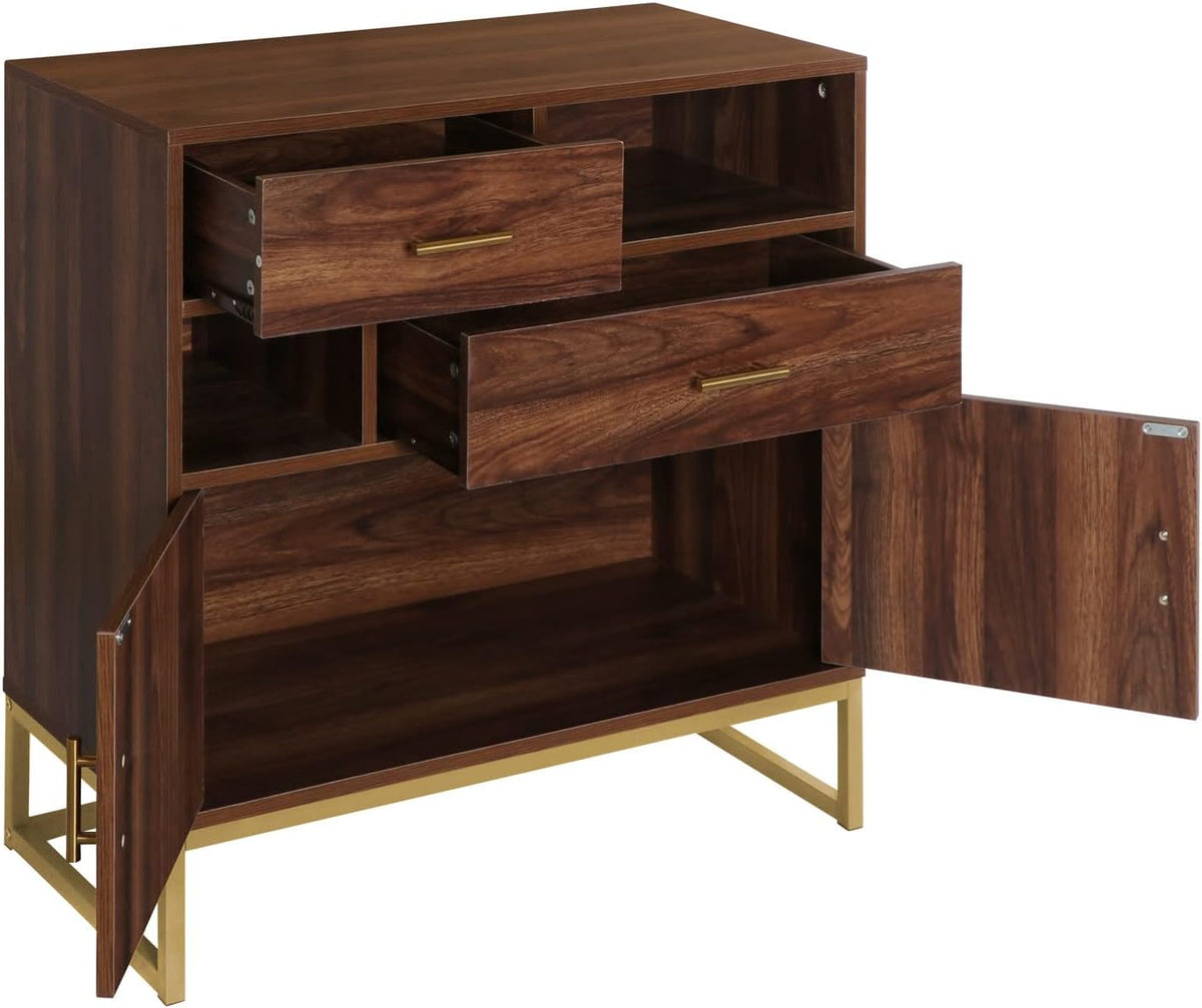Walnut Wood 2 Doors Accent Storage Cabinet with Drawers and Shelves I40459