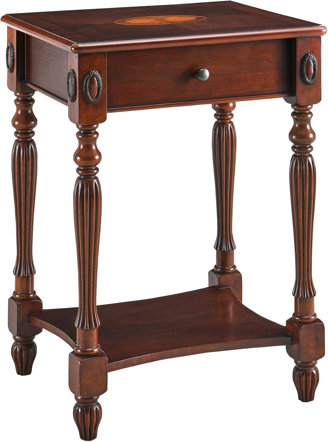Solid Wood Oval End Table with Tempered Glass and Storage Shelf Walnut E7780