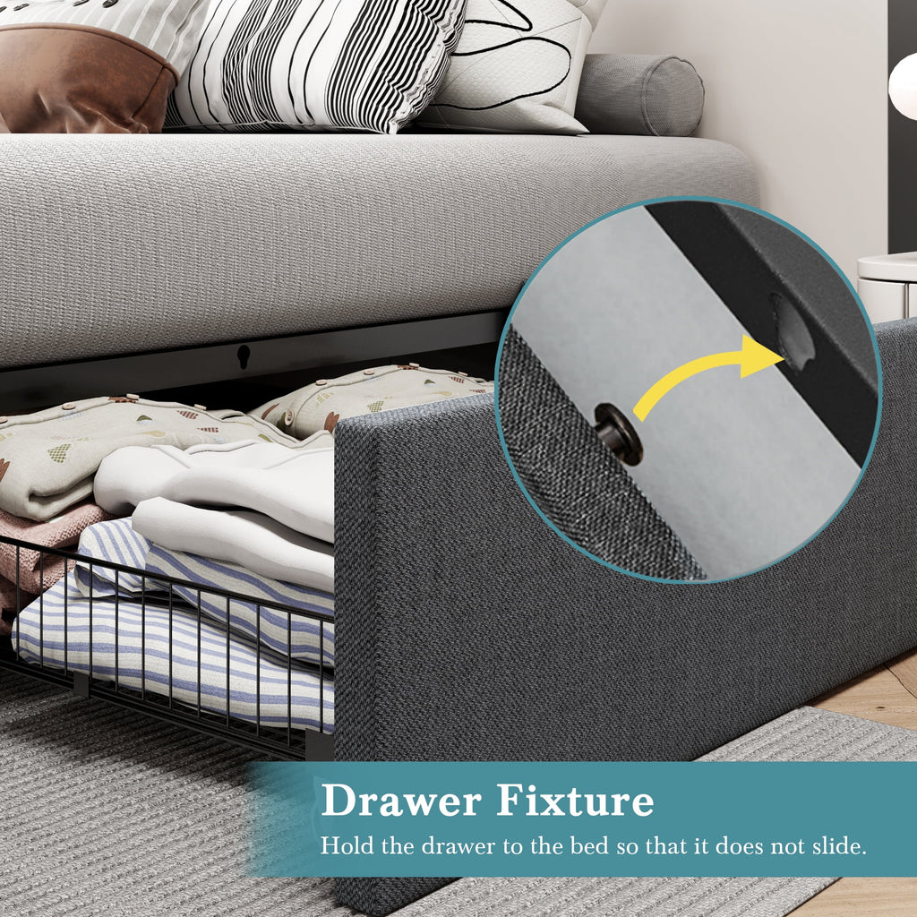 Dark Grey Queen Size Platform Bed Frame with 3 Storage Drawers T2782