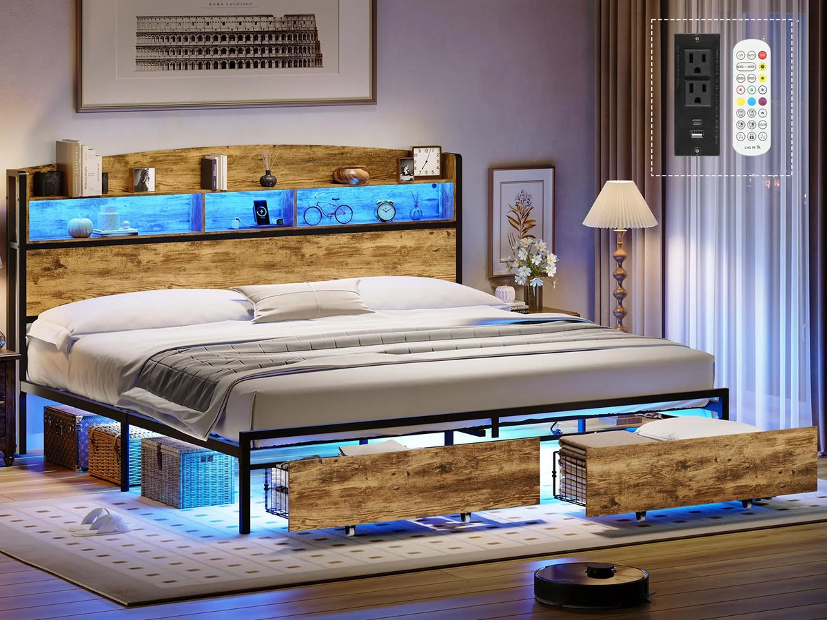 Queen Size LED Bed Frame with Charging Station and Storage Drawers C8949