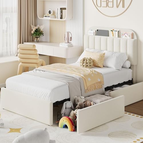 Beige Boucle Upholstered Twin Platform Bed with 2 Drawers J30555