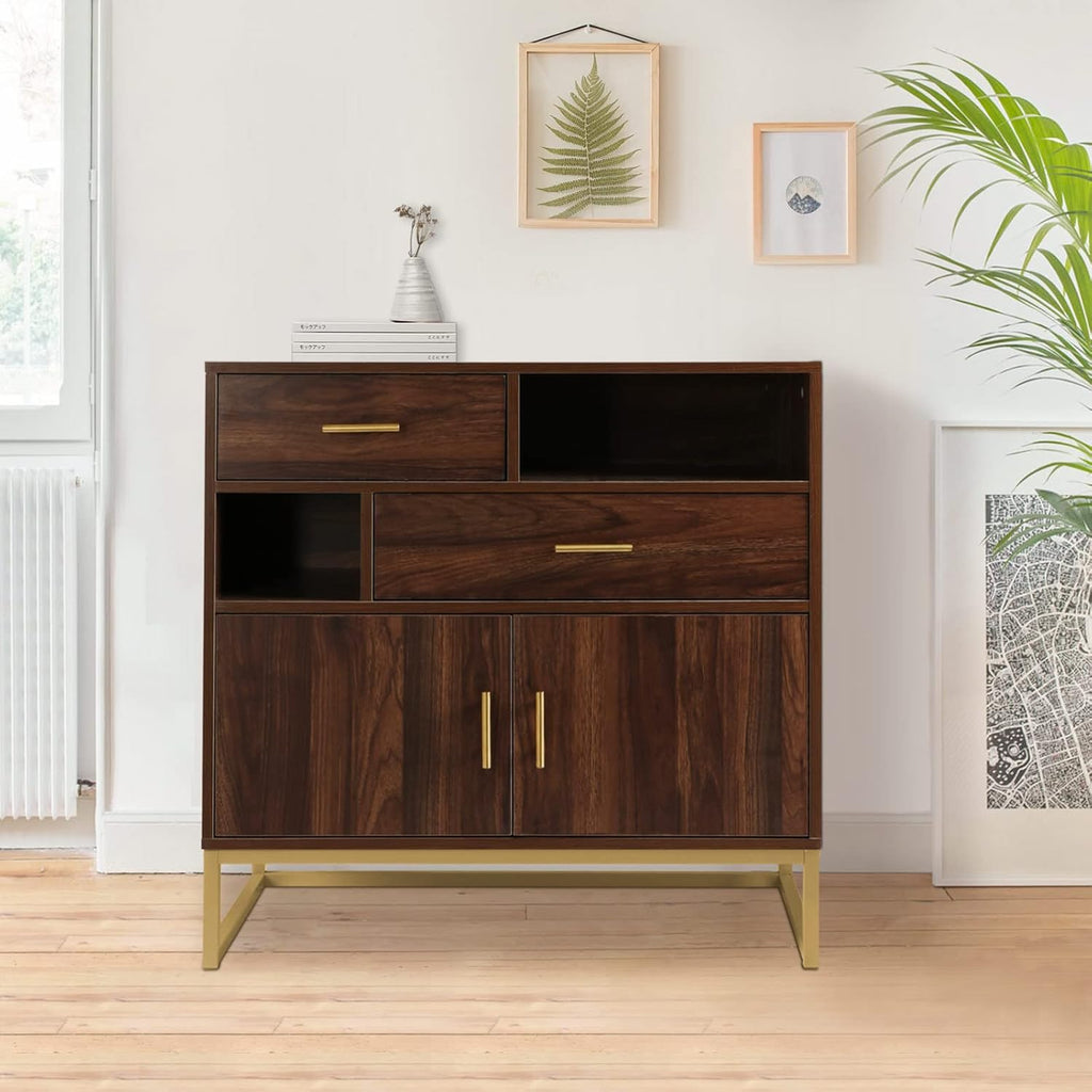Walnut Wood 2 Doors Accent Storage Cabinet with Drawers and Shelves I40459