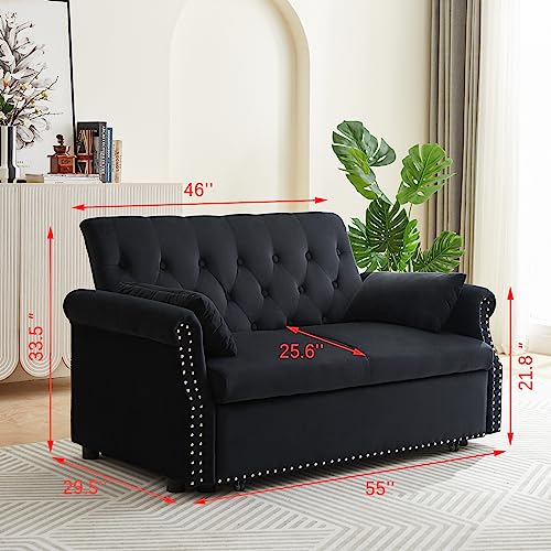 Black Velvet Convertible Sofa Bed with 2 Lumbar Pillows V914536