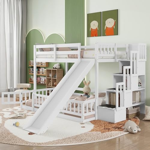 Twin Over Full Bunk Beds with Slide and Stairs, Wood Bunk Bed with Storage Staircase, Gray X991460