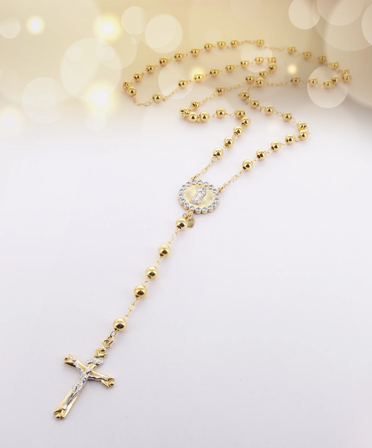 14K Gold Plated Sterling Silver Crystal Rosary Necklace 26" N988