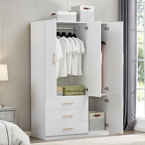 White 4 Doors 3 Drawers Wooden Closet Cabinet Wardrobe Armoire E390
