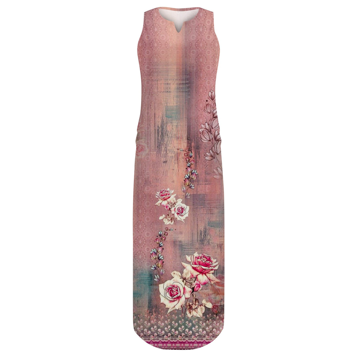 Plus Size Sleeveless Print V Neck Loose Long Sundress with Pockets X374743