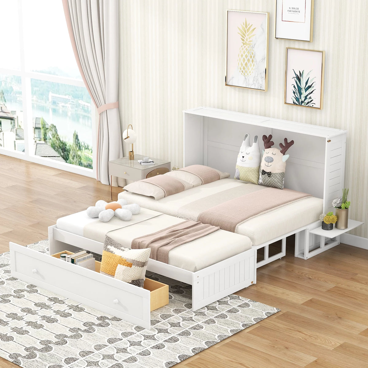Queen Size Solid Wood Murphy Platform Bed with Drawer P6248