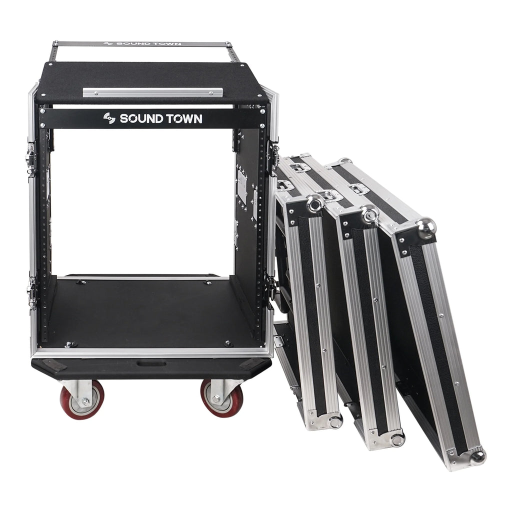 12U PA DJ Pro Audio Rack Road ATA Case with 11U Slant Mixer Top, Locking Drawer, Side Table, 20’’ Rackable Depth and Casters I646866
