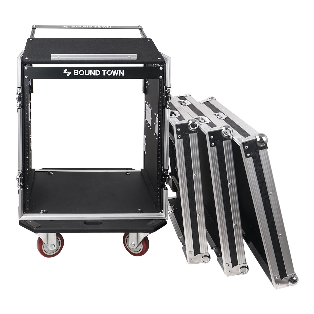 12U PA DJ Pro Audio Rack Road ATA Case with 11U Slant Mixer Top, Locking Drawer, Side Table, 20’’ Rackable Depth and Casters I646866