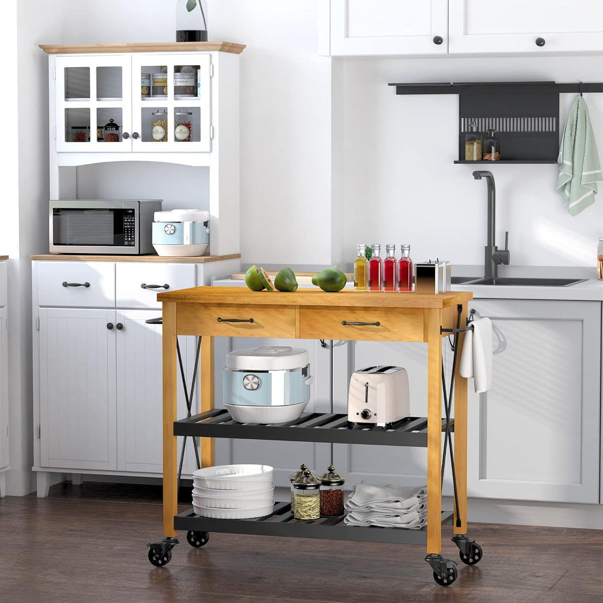 Kitchen Island Cart with 2 Drawers and Open Storage Shelves Z76854