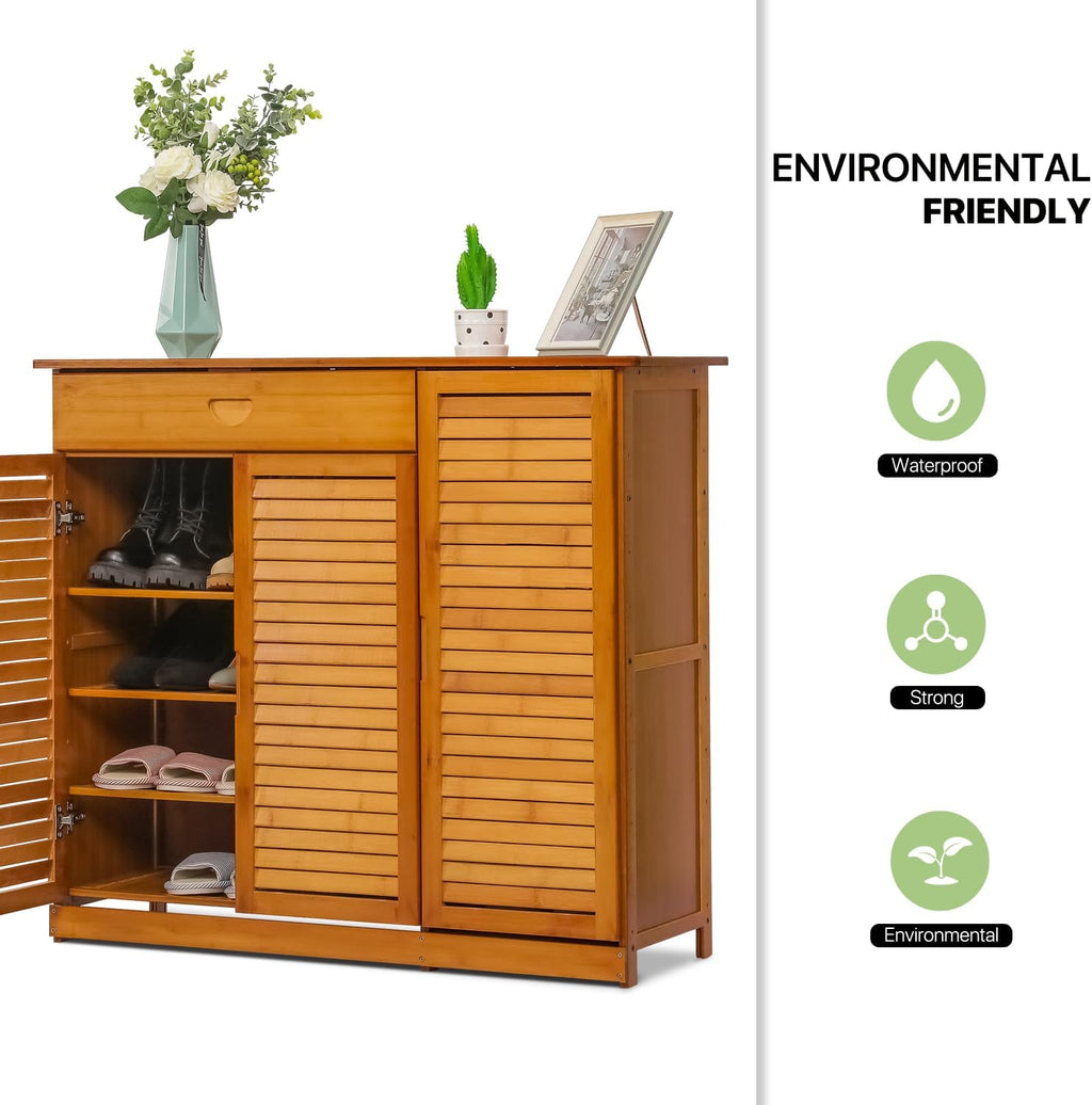 4 Tier Bamboo Shoe Storage Cabinet with Drawer & Shutter Door (Brown) X74257