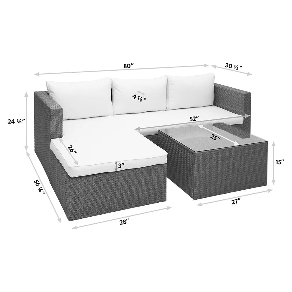3 Piece Wicker Sectional Conversation Set with Cushions - Grey N642