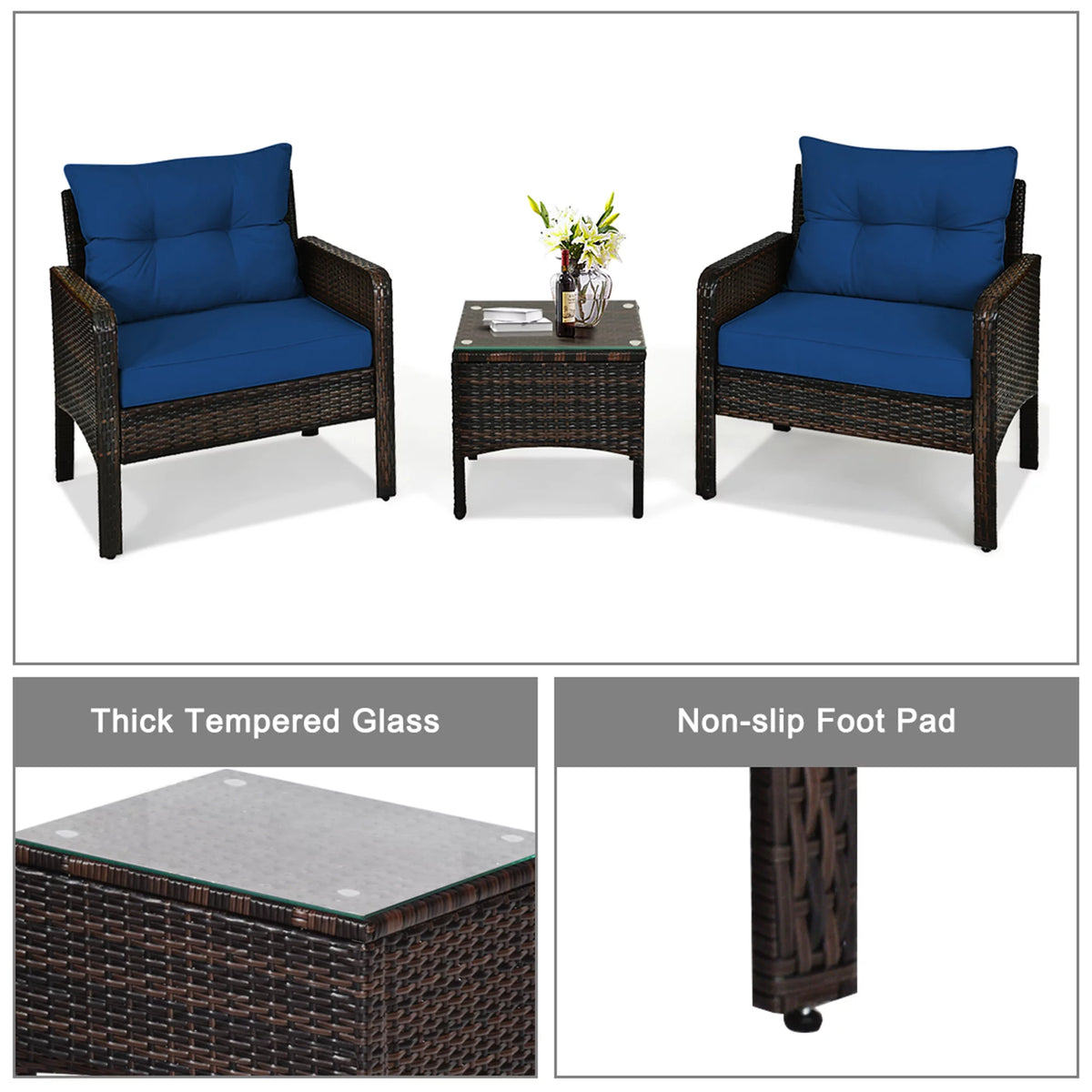 3 Pcs Rattan Patio Conversation Set with Navy Cushions F2137