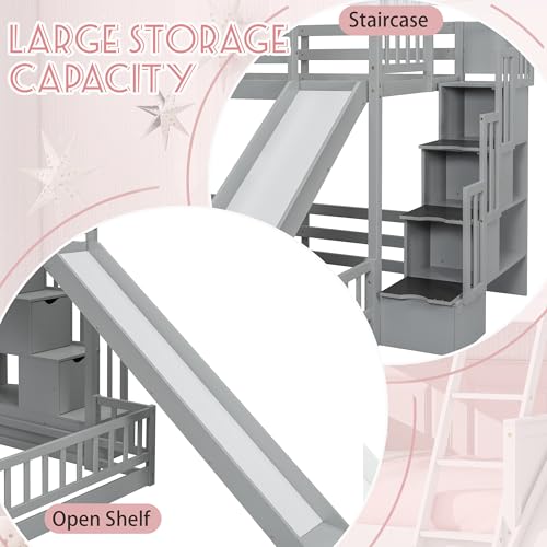 Twin Over Full Bunk Beds with Slide and Stairs, Wood Bunk Bed with Storage Staircase, Gray X991460