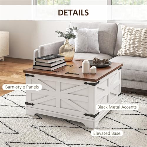 Distressed White & Brown Square Storage Coffee Table with Hinged Lift Top X4558