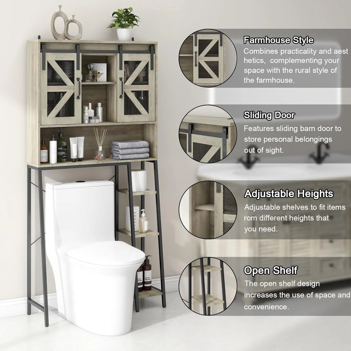 Over The Toilet Storage Cabinet with Sliding Barn Door C40024