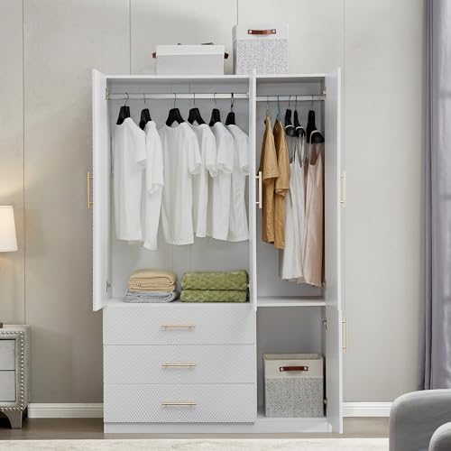 White 4 Doors 3 Drawers Wooden Closet Cabinet Wardrobe Armoire E390