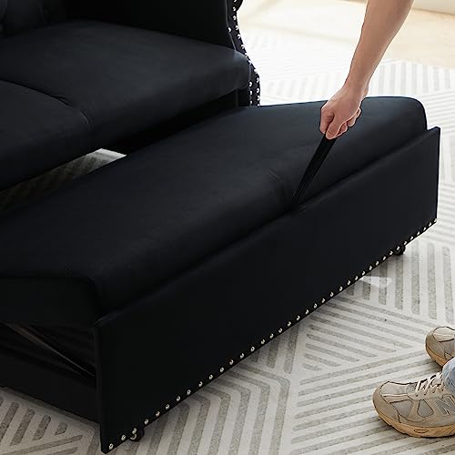 Black Velvet Convertible Sofa Bed with 2 Lumbar Pillows V914536